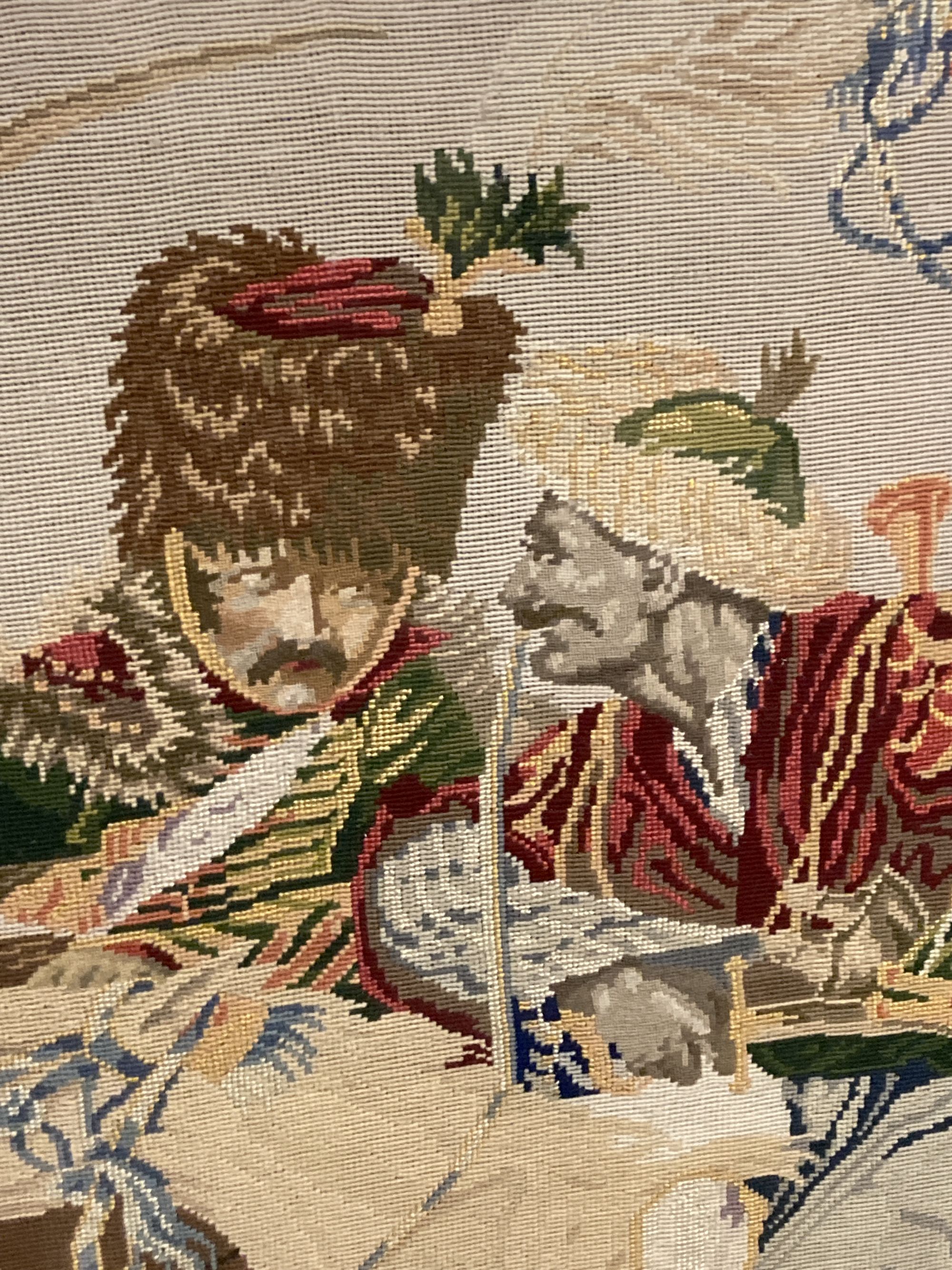 A large Victorian polychrome tapestry panel depicting a Hussar mounted and Moor in combat (oak framed), panel 145 x 130cm